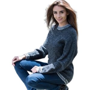 Peruvian Alpaca Wool Sweater Greek Key Pullover Charcoal Grey Sz M